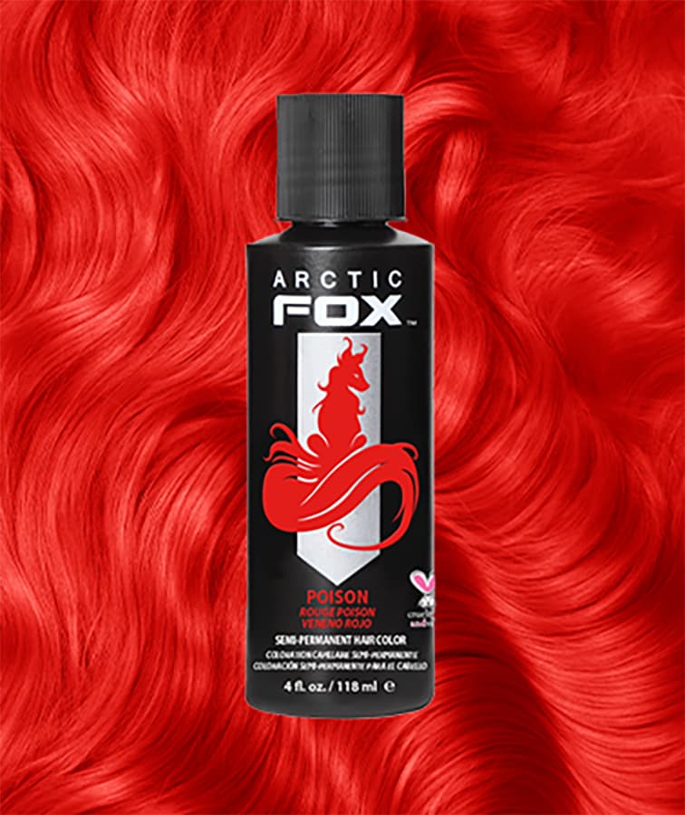 Arctic Fox Poison hair dye bottle showcased with a deep, intoxicating red hair swatch, ideal for achieving a daring, vibrant red mane.