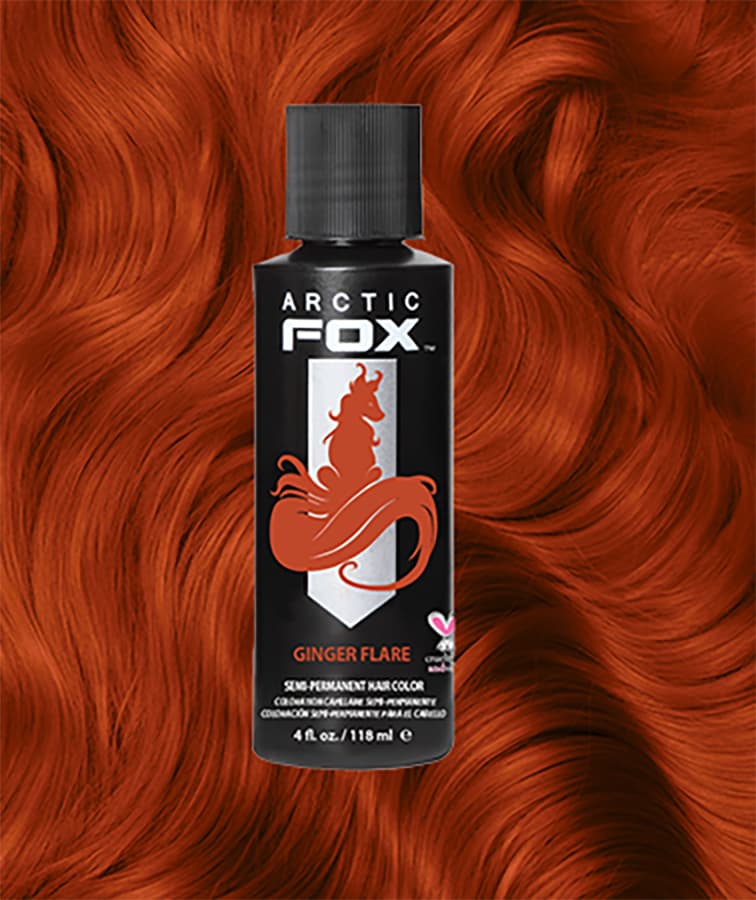 Ginger Flare: Arctic Fox Ginger Flare hair dye bottle, surrounded by a vibrant, rich ginger-colored hair swatch, perfect for a bold, fiery look.